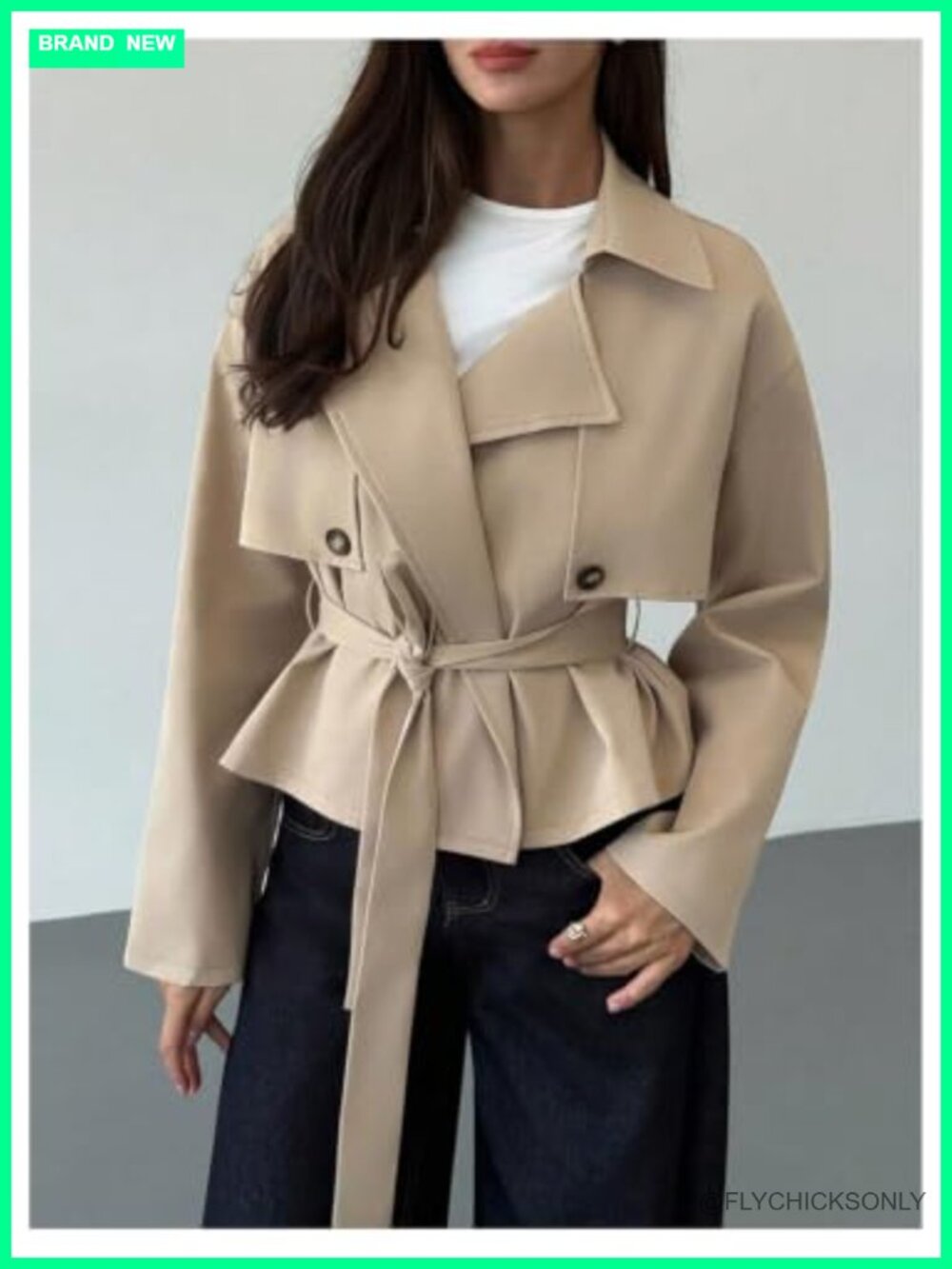 Cropped Trench Coat Long Sleeve Belt Business Casual Work Outerwear - Picture 4 of 4